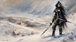 a warrior woman in black armor on the background of a cold snow-covered country, ice and crystal, frost and snow, oil and pastel, by Leonid Afremov & William Kentridge & Anna Razumovskaya