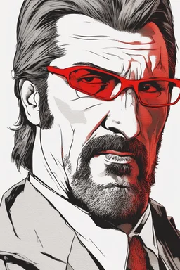 a tough looking, angry man who looks like Hans Gruber wearing solid red glasses