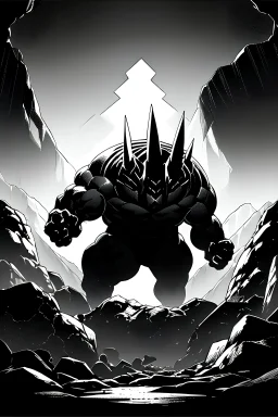 A beam shines in the middle of an immense and dark cave, greyscale