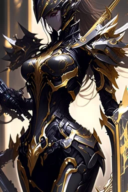 a woman with a sword in her hand, 2. 5 d cgi anime fantasy artwork, ghostblade, black and golden armor, of a beautiful saryn warframe, intricate assasin mecha armor, black armor, sharp black armor, dark warrior, cgsociety 9, anime fantasy artwork, of a beautiful female warframe, detailed warframe fanart