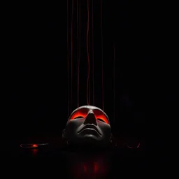 Solid black background. A cracked puppet mask lies on the floor, thin glowing red strings attached to it, leading upward into darkness. Subtle smoke and reflections, moody cinematic realism, symbol of hidden control and loss of self.