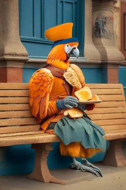 Half parrot half human in a 1700s Orange Dutch uniform siting on a bench in a Dutch city eating a loaf of bread