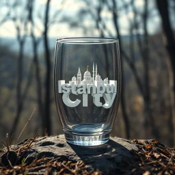 Create hyper-realistic photo of a glass tumbler in a wild forest. Inside, a miniature [Istanbul] with landmarks. A sleek white 3D text of [City] blends naturally into the landscape in background. Soft bright daylight, reflections, and subtle imperfections like fingerprints. DSLR quality, sharp focus.