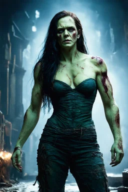 extremely busty, Debby Ryan With Long black hair, massive Facial scars, different colored skin, as the Frankenstein Monster from Guillermo del Toro's new Frankenstein movie, full-body portrait, ultra-detailed, ((((cinematic lighting)))), 4K resolution. ((((photorealistic)))), Towering figure, 6'5", muscular but gaunt, (((Suture Scars and patches of stitched together skin, stitched from mismatched human corpses:1.5))). Pale, cold skin with suture scars across chest, neck, and face.