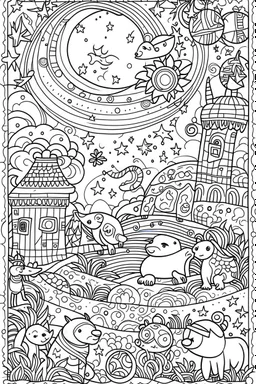 Stress Relief coloring page for kids, A cute, calming celestial sky with soothing moonlit animals, cartoon style, thick outline, low details, no shading, no color