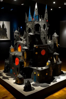 A black castle made out of steel in a chaotic shadow realm designed in Ica stones painted by Wassily Kandinsky