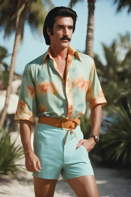 Elvis Presley with medium length bob-styled brown hair, a mustache, wearing a Hawaiian shirt and Bermuda shorts- well-lit, UHD, 1080p, professional quality, 35mm photograph by Scott Kendall