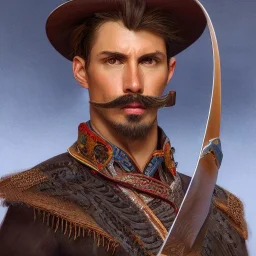 portrait,"Insanely detailed photograph of a male western mustachioed crossbowman", detailed charro, sequenced Sombrero, detailed held dagger, digital painting, artstation, concept art, sharp focus, illustration, art by artgerm and greg rutkowski and alphonse mucha, 8 k,fantasy, unreal engine