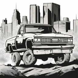 pickup truck , silhouette, comic book, post-apocalypse, white background,