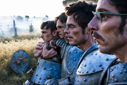 film image of Bulbasaur as a gladiator in armor in an Alentejo field in Portugal full of lambs, misty air, cinematic coulometry, hyper-realism, low saturation