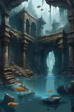 A D&D dungeon, inside ruins of crumbling and ancient buildings, built by intelligent aquatic humanoids, buildings built by auquatic intelligent humanoids, coral architecture, symbiotic architecture with ocean, seashells, ominous crumbling, flooded and destroyed