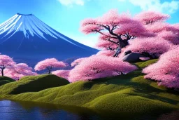 Japanese Fuji Mountain, concept art, smooth, extremely sharp detail, finely tuned detail, ultra high definition, 8 k, unreal engine 5, ultra sharp focus, illustration, magic ambient, cherry blossom trees , bonsai trees .