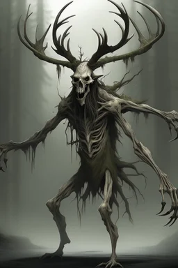 wendigo with deer skull covering head and face, fingers ending in claws with long arms reaching knees which bend backwards, eyes that are sunken back, its body emaciated, full body image