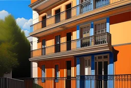 une maison en angle, balcon,couleurs diverses chaudes, haute résolution, façon galerie lafayette à paris et des peintres modernes