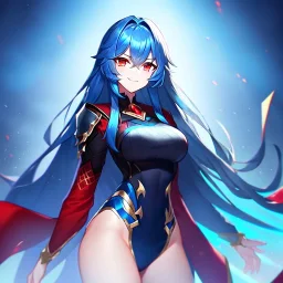 girl, masterpiece, best quality, volumetric lighting, detailed outfit, perfect eyes, long hair, blue hair, vibrant red eyes, girl, smile, qreen, angry