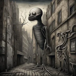 nyctophobia nightmare, surreal sci-fi graffiti art, by street artist Phlegm, mind-bending illustration; asymmetric, 2D, dramatic, sinister