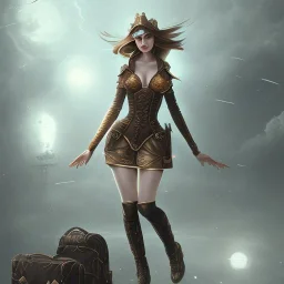 steampunk, female stranger falling from the sky, full-body