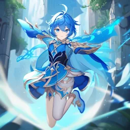 Clear focus,High resolution, Vibrant short blue hair, Vibrant blue eyes, Genshin impact inspired outfit, wearing a short skirt, kicking pose, full body, jumping