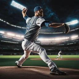 View of baseball pitcher throwing a pitch, futuristic major league baseball field night game bright astral cosmic background, dramatic kinetic pose, intricate detail, photorealism, by Charles M. Conlon, canon HD 4D lens, cinematic perfection.