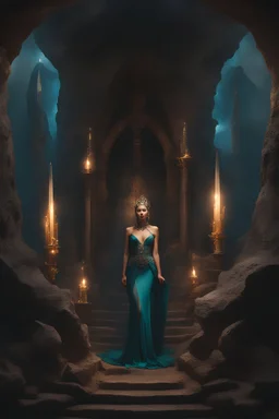 Dark cave and magical smoke with crystal obelisks and beautiful goddess, full of veils and jewels stuck in one of them