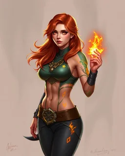 Luna Brightforge - The Phoenix-Touched Engineer Heritage: Mediterranean with phoenix-blessed lineage Profession: Master Artificer and Flame Technician Appearance: Auburn hair with golden highlights, amber eyes with tech-enhanced pupils, toned physique with phoenix-flame tattoos that glow when using abilities Abilities: Fire magic enhanced by thermal regulation cybernetics, can forge magical items with technological components Background: Third-generation magical engineer whose family workshop br