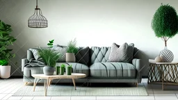Living room interior with gray velvet sofa, pillows, green plaid, lamp and fiddle leaf tree in wicker basket on white wall background. 3D rendering. By marina_dikh