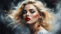 abstract digital art, impressionism, blurred look and feel, byzantine alcohol oil painting of a stunning woman with blonde hair and red lips, earrings, freckles, Disney noir style, masterpiece, 32k resolution, hyper detail, fine details, airbrush strokes, foggy feel and view, on canvas, magic, 8k concept art, dark lighting, hyper detail, intricate detail