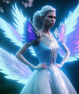 A crystalised queen, atmospheric, realistic, unreal engine, cinematic lighting, octane render. blue, pink, transparency, light, shine,bright, full body, transparent wings, blonde, long hair, nice smile