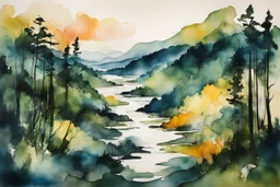 an abstract, dramatic, ink wash and watercolor painting of a lush Pacific Northwest forested river valley landscape, in the style of Helen Frankenthaler, and Sam Lewis Francis mixed with random Zentangle patterns, rich natural colors, museum quality masterpiece