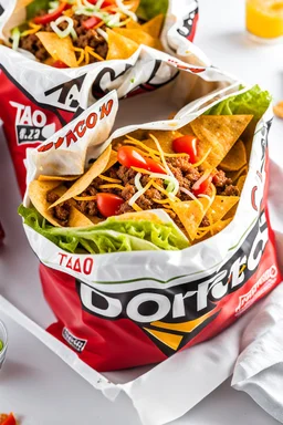 "Taco in a Bag" which consists of an open Doritos chip bag with sides rolled down, containing Doritos chips and cooked ground beef and lettuce and shredded cheese and chopped tomato pepper and onions and topped with more nacho chips, plastic fork, food blogger photography