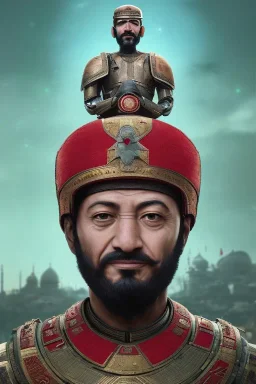 Ottoman Empire sultan head portrait, warrior armor , village, meditation, woods, galaxy sky, 8k quality , portrait,beautiful robotic ,ghost in the shell , post-apocalyptic in a cyberpunk city, realistic, intriacte detail, sci-fi fantasy style, volumetric lighting,24mm , particales,highly detailed,cinematic, deep purple , green eyes .