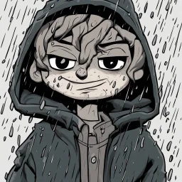 a closeup of a bored psychopathic young man no eyes in a heavy coat during a rainstorm cartoon