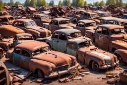 Fotorealistisch endloser menschenleerer Schrottplatz mit aufeinander gestapelten verrosteten Autowracks zahlloser Modelle zwischen 1946 und 1980 im warmen Sommerlicht