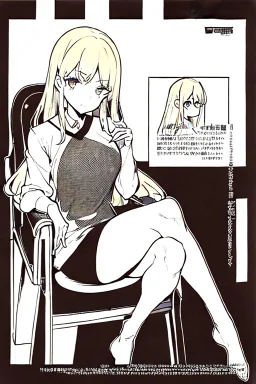 blonde girl converses sitting on a chair., grayscale, manga page