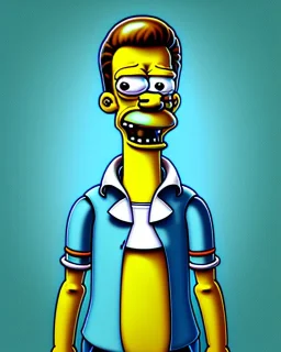 a tall rattled guy with short dark hair tousled on top, a long neck and long limbs and is wearing a t-shirt with a shirt over and skinny jeans. Simpsons style