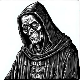 A gothic horror type line drawing of a monk in black and white