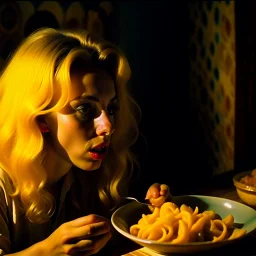 Strong texture, photorealism, Caravaggio. Italian interior. Surreal, mysterious, pastel colors. Italian horror, Dario Argento. Blonde woman eating and doing odd things. Movie shot. 1970's Italian art. 33mm photography