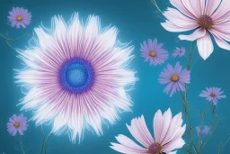 only one cosmic white flower in blue and pink cosmos