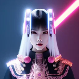 Rosalía, Cyborg anime samurai, cyberpunk, white skin, light black hair, geisha hairstyle, cobalt eyes, waist up portrait, 8k resolution, retroanime, intricate details, neon details, soft lighting, vibrant colors, masterpiece, intricate eyeliner, dark eyeshadow, eyes, intricate tattoos, gradient background