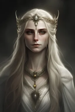 female elf queen, with elvish crown, with long blonde hair, with grey eyes, with white dress, with melancholic expression