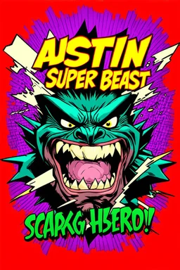 comic scary super hero mad crazy wild super head big title with movie poster title: Austin super beast, 90s style, angry fast, extreme, wild, so so so so angry, tough sexy red and purple background with 90s comic style slashes