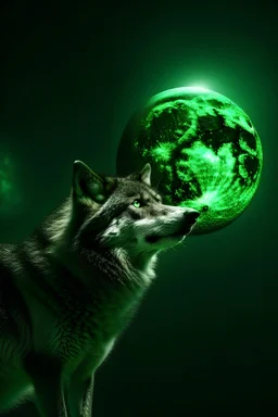 A wolf next to a green moon