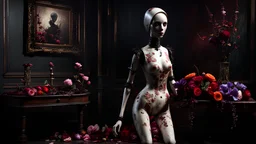 A gritty horror game rendering of a creepy posable art mannequin with articulated joints, the art style of Silent Hill, decaying, liminal spaces, eerie, flirty, painted antique porcelain, wet, glossy, viscera, colorful flower petals, dark fine arts, morbid fine arts, macabre fine arts, 16k resolution, high quality, sharp focus, intricate details, highly detailed, chaotic, dynamic lighting, backlit, photorealism, canon lens, full figure shot, deep color, black, white and crimson hour