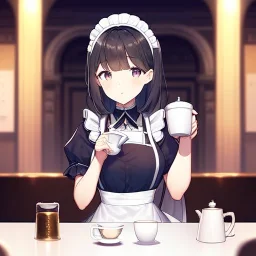 anime girl dressed as a waitress filling a tea cup of coffee, in a diner, with tables and chairs nd booths