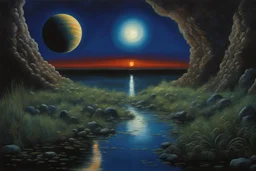 Dark blue sky with one exoplanet in the horizon, rocks, puddle, weeds, 2000's sci-fi movies influence, epic, ernest welvaert, and friedrich eckenfelder impressionism paintings