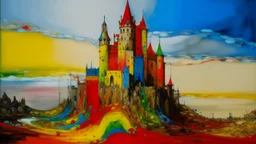 A rainbow demented castle in a warped realm painted by Piet Mondrian
