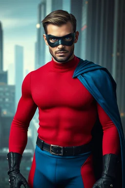 full-length, A portrait of a man with piercing blue eyes, a chiseled jaw, goatee, timeless face, stern expression, Wearing a skintight formfitting red, textured cotton hero suit, he wears a thin, black leather, bandit eye disguise over his eyes, blue trunks, a black belt with silver buckle, black wrist gauntlets, knee-high black leather boots, blue cape, capital letter 'M' on chest, a futuristic cityscape background