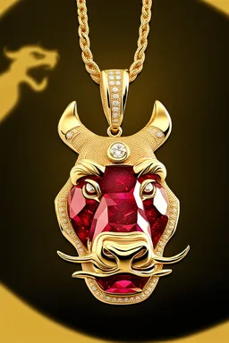 A pendant for a necklace, Pumbaa from the lion king in gold with diamonds and big tusks with eyes made of ruby