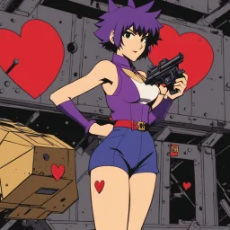 Faye Valentine from Cowboy Bebop in her iconic outfit and her violet short hair, standing in a spaceship hangar, confidently firing her handgun in front of a large cardboard box with a red heart drawn on it. Bullet holes form the outline of a heart shape in the cardboard. Smoke curls from the fresh holes. She faces the box with one hip cocked, stylish and cool, wearing her iconic yellow crop top, red jacket, black shorts, and thigh-high stockings. Noir lighting, cinematic shadows, retro-futur
