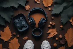 An overhead view of some wireless headphones lying on a floor full of dry leaves. Near the headphones, feet wearing Snickers sneakers approach.